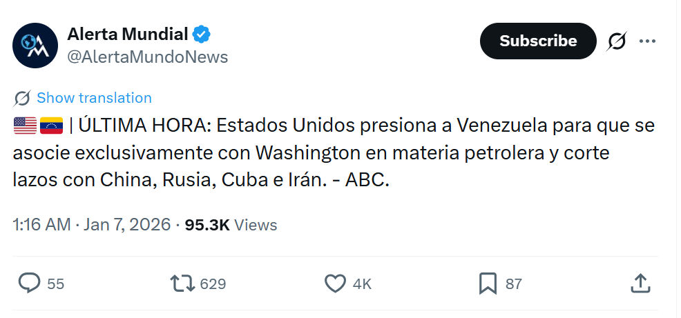 Estados Unidos presionó a Venezuela para que se asocie exclusivamente con Washington en materia petrolera y corte lazos con China, Rusia, Cuba e Irán