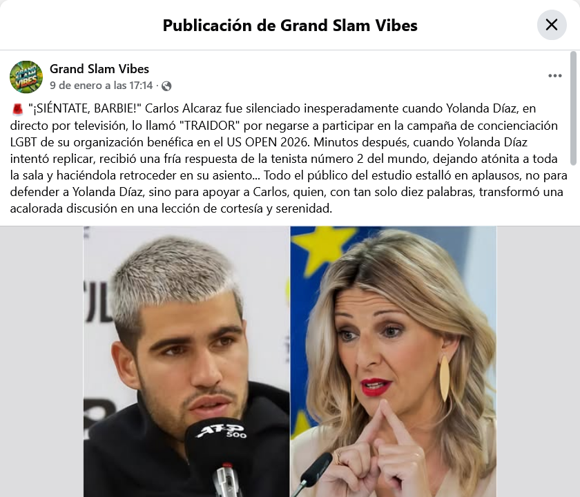 No, Yolanda Díaz no llamó “traidor” a Carlos Alcaraz por negarse a participar en “campaña de concienciación LGTB benéfica en el US Open 2026”: es un relato de ficción
