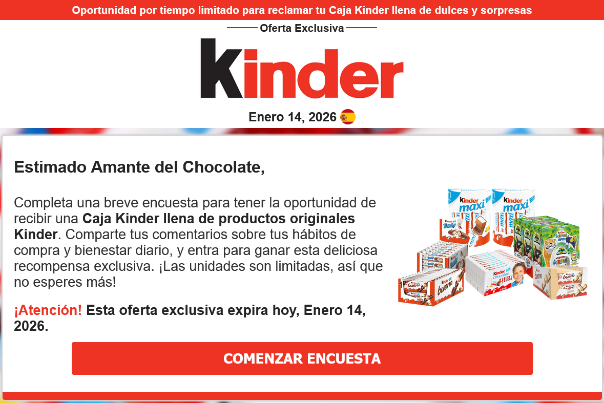 Oferta especial de una caja Kinder por responder a una encuesta
