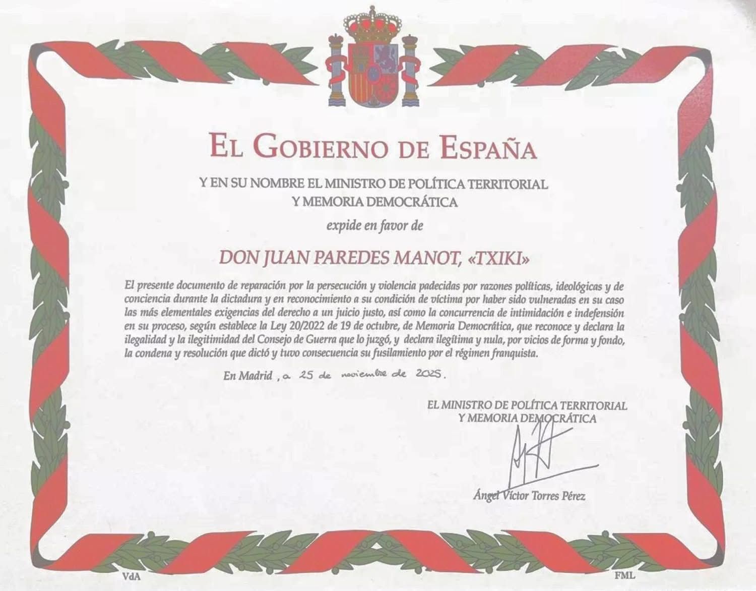 El Gobierno de España ha reconocido como víctimas del franquismo a los exmiembros de ETA ‘Txiki’ y Otaegi que fueron condenados a muerte y ejecutados en 1975