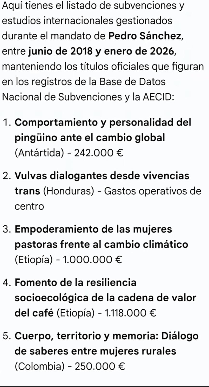 Listado de subvenciones y estudios internacionales gestionados durante el mandato de Pedro Sánchez entre junio de 2018 y enero de 2026