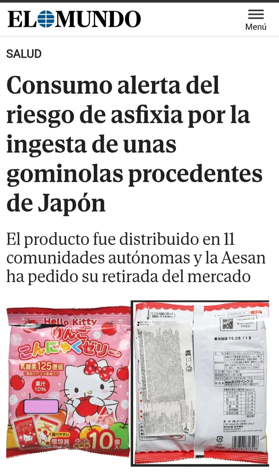 Sí, en febrero de 2026 la AESAN ha emitido una alerta alimentaria en España por riesgo de asfixia en gominolas procedentes de Japón