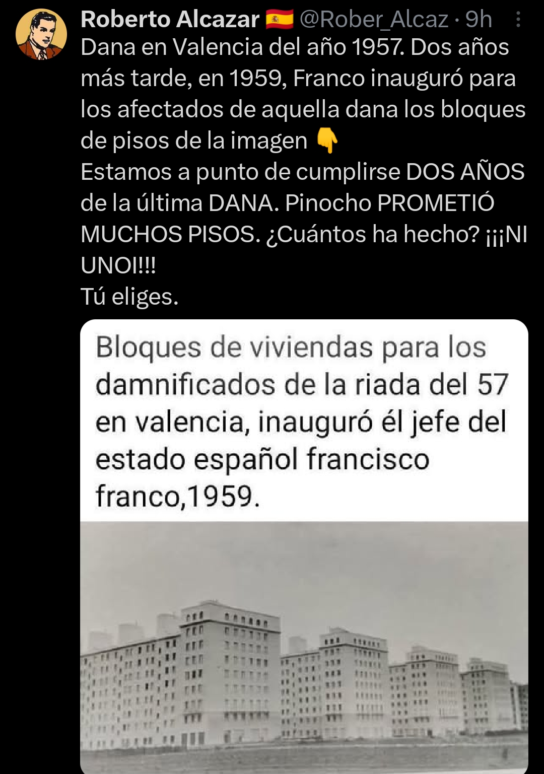 Franco inauguró en 1959 bloques de pisos para los afectados de la DANA de Valencia en 1957, mientras que Pedro Sánchez no ha construido nada tras la DANA de 2024