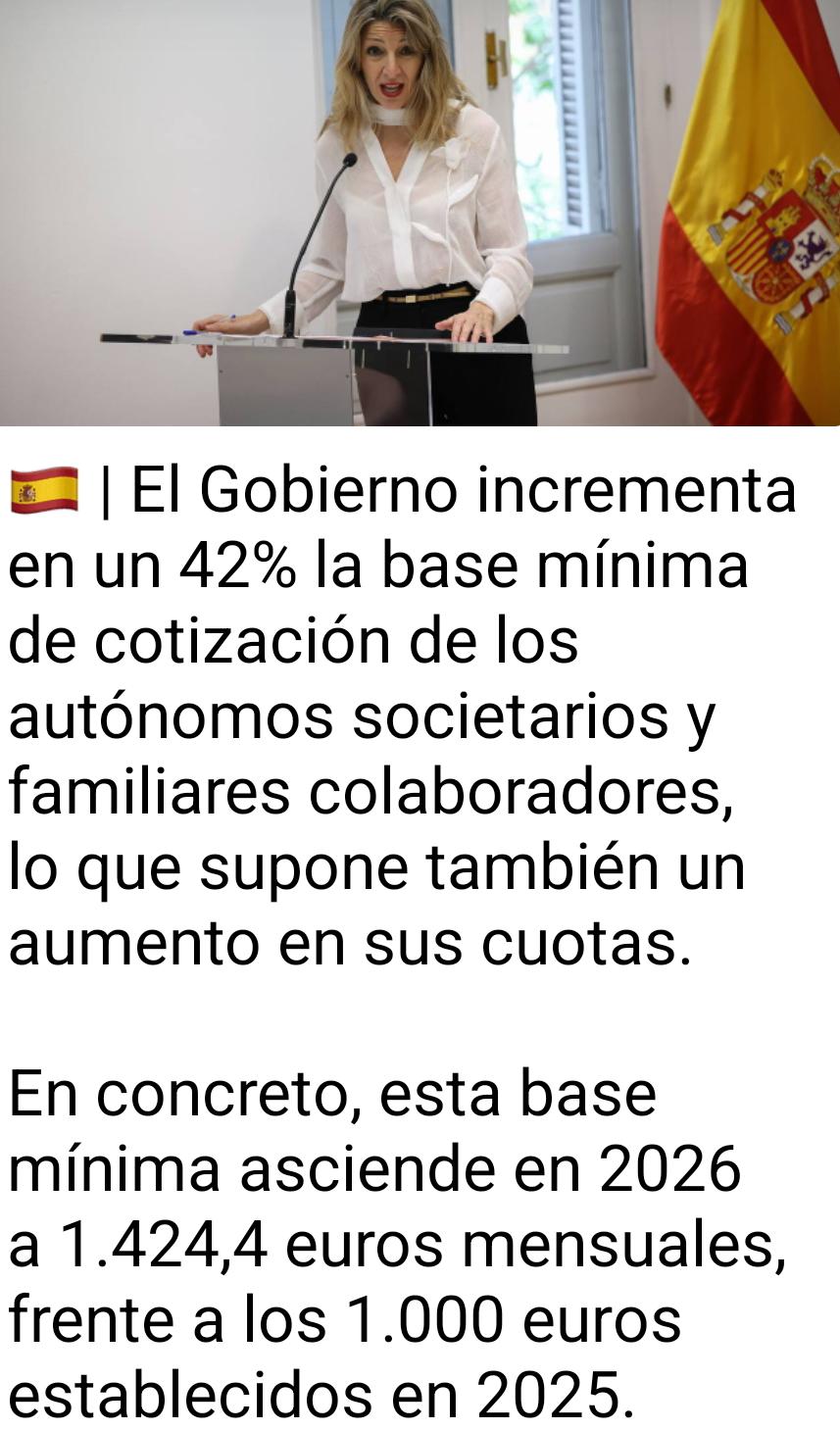 Gobierno incrementa en un 42% la base mínima de cotización de los autónomos societarios, ascendiendo a 1.424,4 euros mensuales
