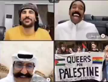 Musulmanes se ríen al ver una pancarta de "Queers for Palestine" durante una videollamada