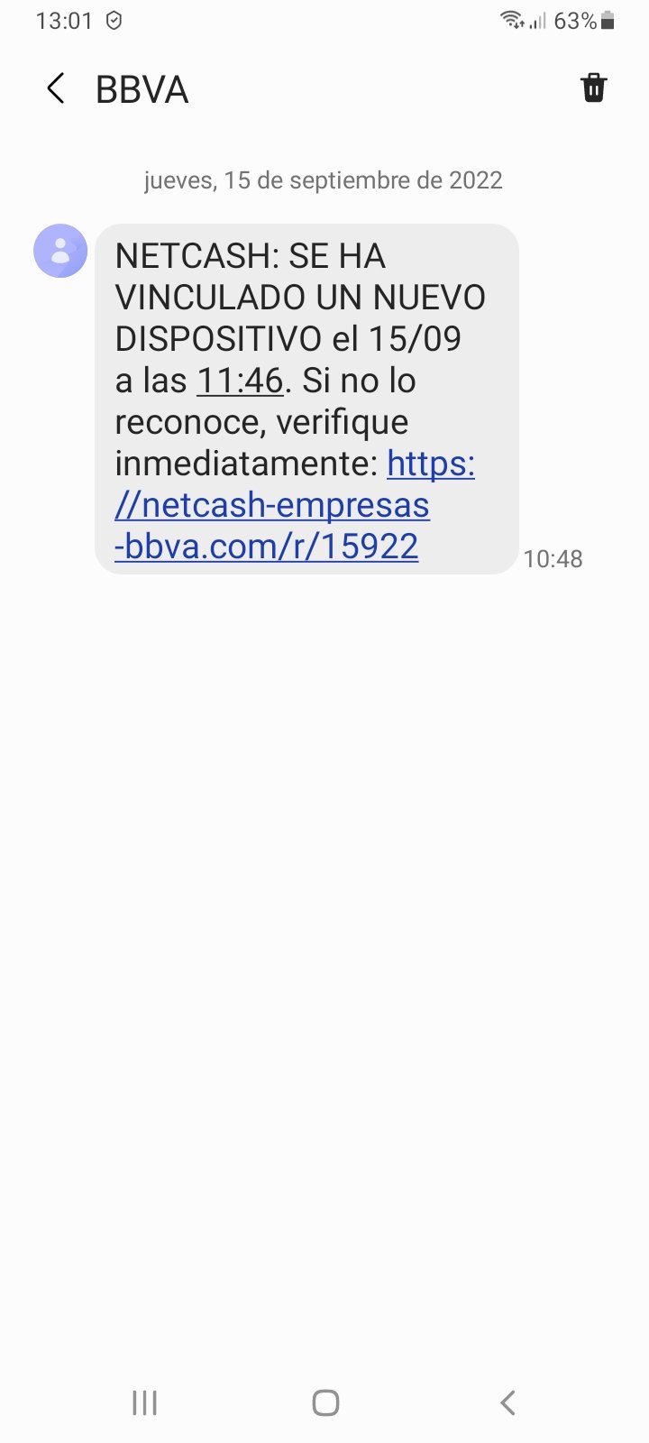 BBVA: Se ha vinculado un nuevo dispositivo. Si no lo reconoce, verifique inmediatamente