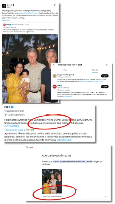 Esta imagen de Mira Nair con su hijo, Zohran Mamdani, en brazos, junto a Bill Clinton y Jeffrey Epstein no es real: ha sido creada con IA