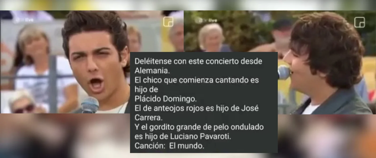 No, los cantantes de este vídeo no son los hijos de Plácido Domingo, Luciano Pavarotti y Josep Carreras: son los integrantes del grupo italiano Il Volo y no tienen relación familiar con los tenores