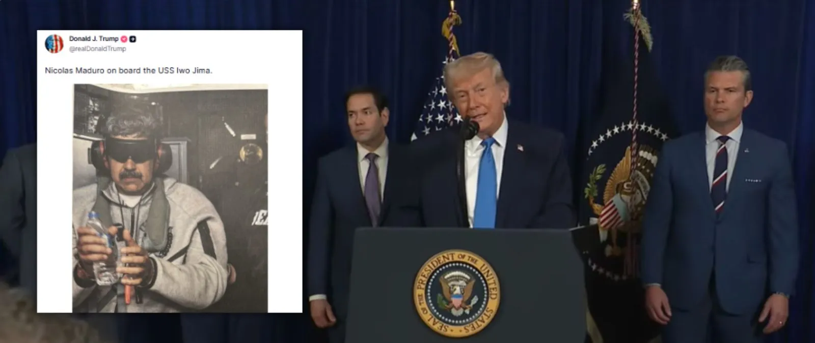 Sí, Donald Trump ha publicado una imagen de Nicolás Maduro detenido y a bordo del buque USS Iwo Jima