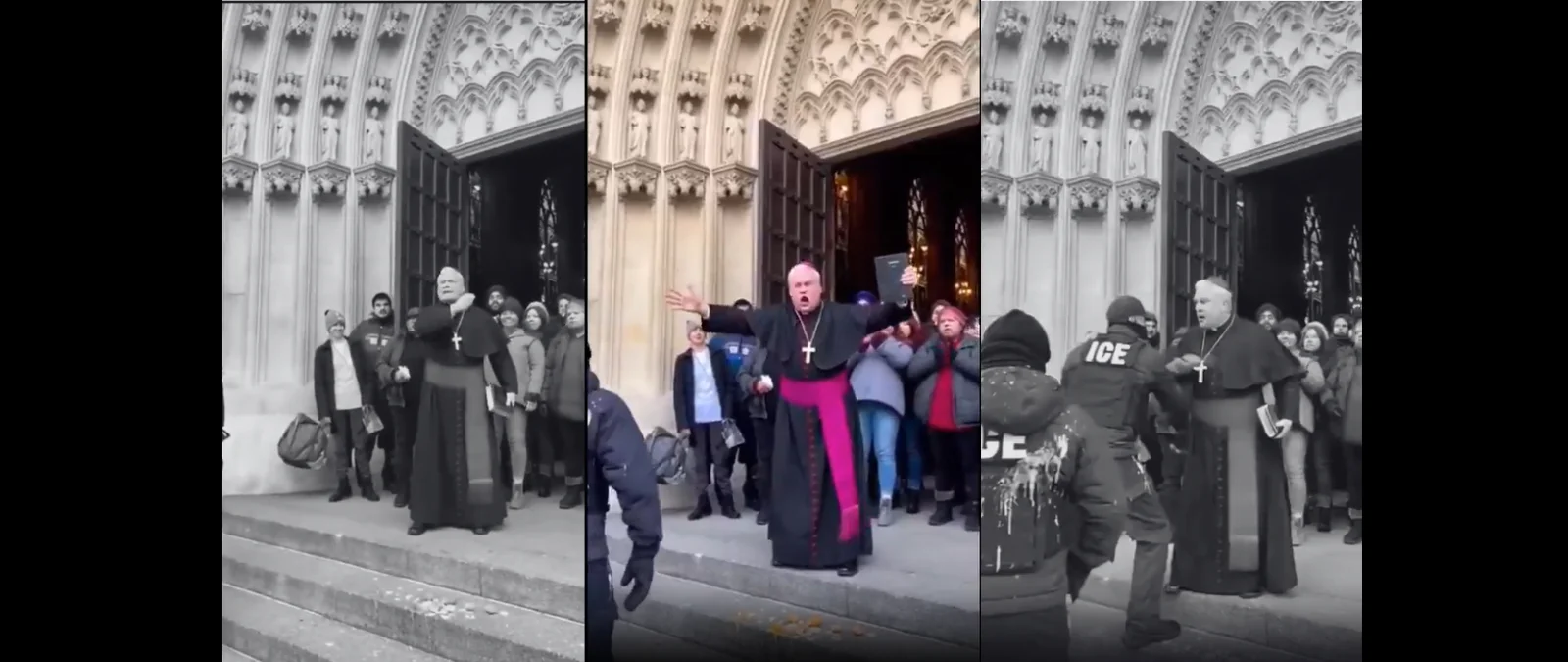Este vídeo de un sacerdote que prohíbe a agentes de ICE entrar a su iglesia y les grita que su “Dios es el amor” no es real: ha sido creado con inteligencia artificial