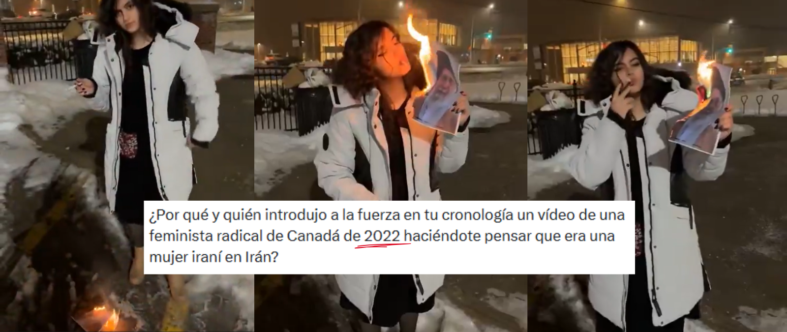 Estas imágenes de una mujer quemando una foto del ayatolá Jamenei no son antiguas, son del 7 de enero de 2026