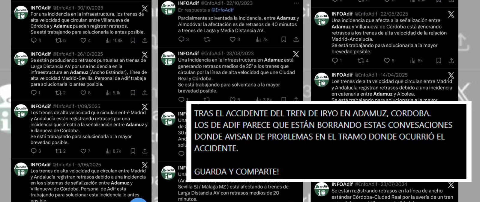 Los tuits de Adif sobre incidencias en Adamuz: hay 19 publicaciones desde 2017 que siguen disponibles a 19 de enero a las 13h