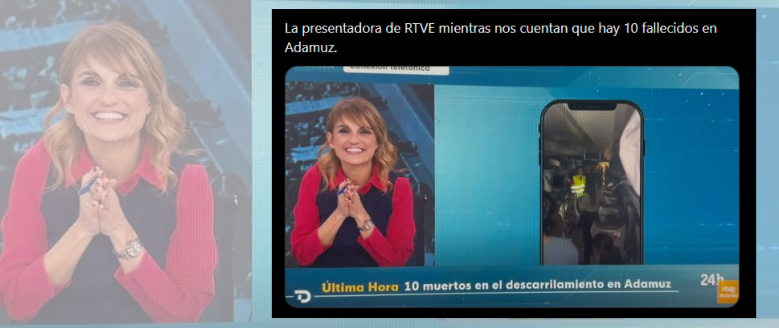 La presentadora de RTVE sonrió en el informativo sobre el accidente de Adamuz mientras hablaba con un vecino, no cuando informaba del número de fallecidos