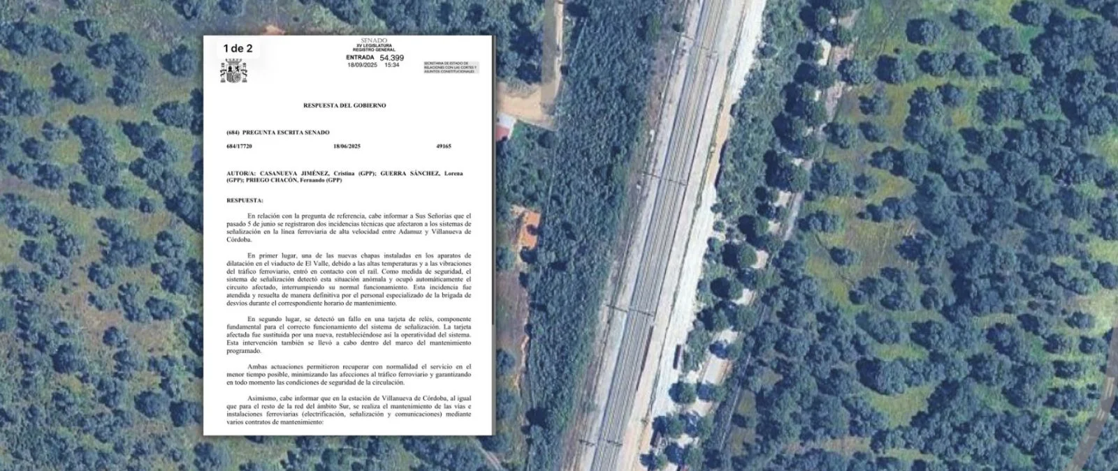 El Gobierno reconoció dos incidencias técnicas entre Adamuz y Villanueva de Córdoba en una respuesta escrita a dos senadores del PP en junio de 2025