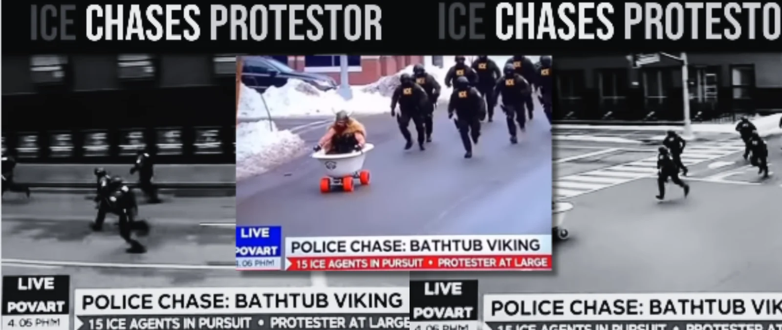 Este vídeo de agentes de ICE persiguiendo a un hombre vestido de vikingo que huye en una bañera con ruedas es falso: ha sido creado con inteligencia artificial