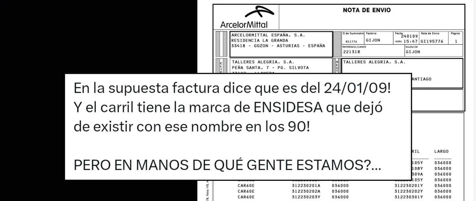 No, la factura del carril roto que produjo el descarrilamiento de Adamuz no es de 2009, es de 2024: la fecha está en formato ISO