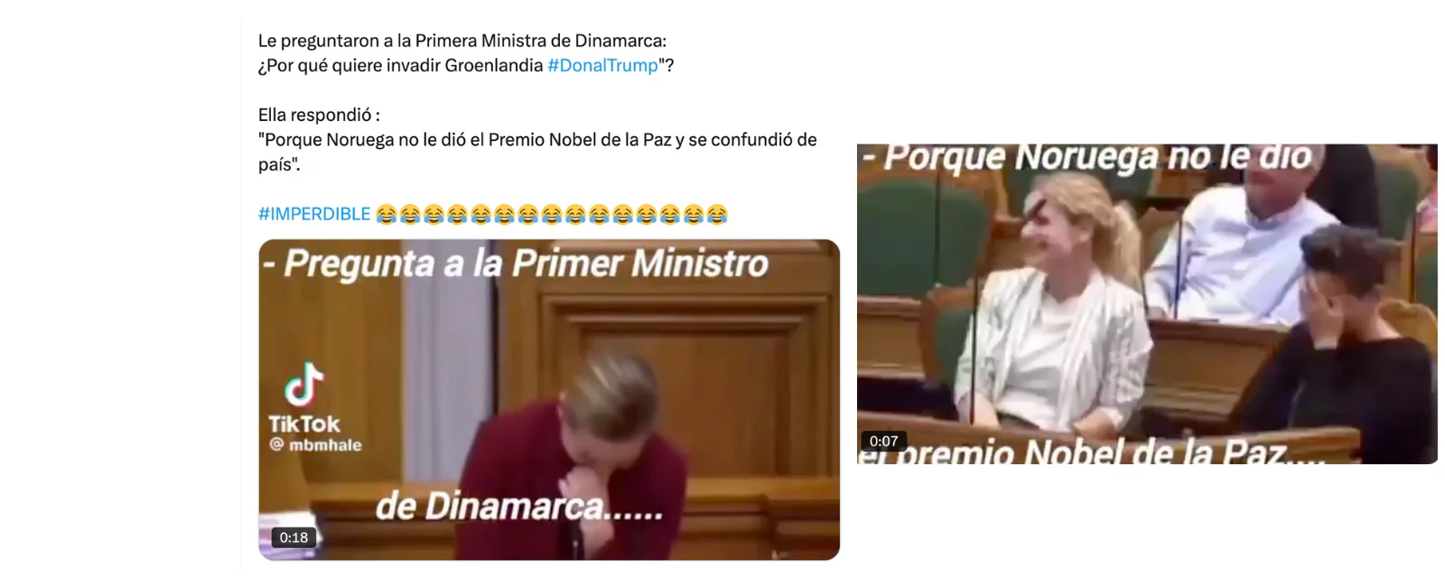 No, el Parlamento de Dinamarca no se está riendo en este vídeo de que "Trump quiere invadir Groenlandia porque Noruega no le dio el premio Nobel de la Paz y se confundió de país"