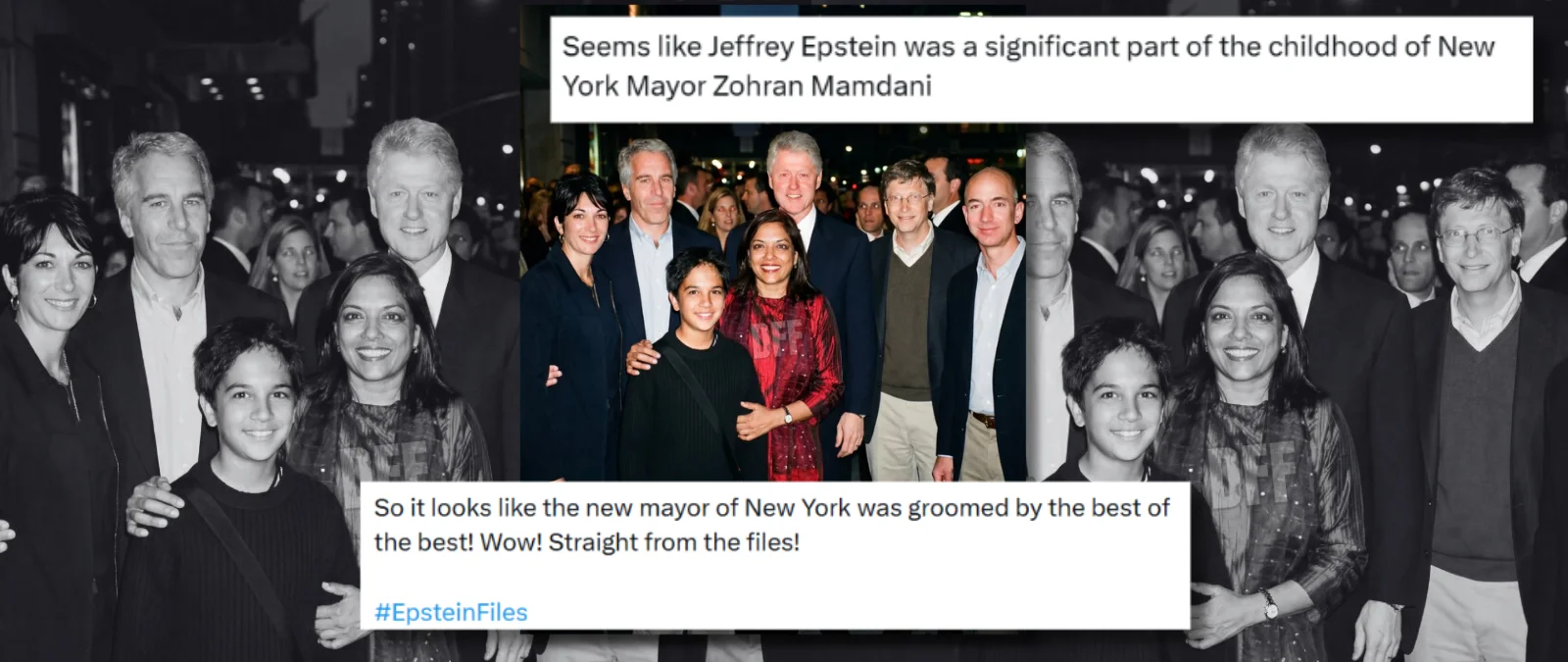 No, esta imagen no muestra a Mamdani y su madre junto a Epstein, Clinton, Gates y Bezos posando de noche en una ciudad: ha sido creada con IA
