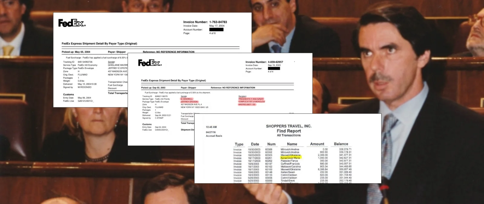 Qué sabemos sobre los dos recibos de envíos y un pago a nombre de Aznar en los nuevos archivos publicados sobre Epstein