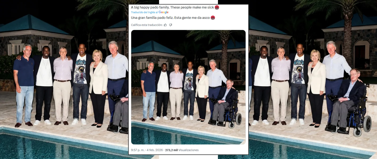 Esta imagen de Jeffrey Epstein junto a Puff Diddy, Bill Gates, Jay-Z, Stephen Hawking y Hillary y Bill Clinton no es real: tiene indicios de haber sido generada con IA