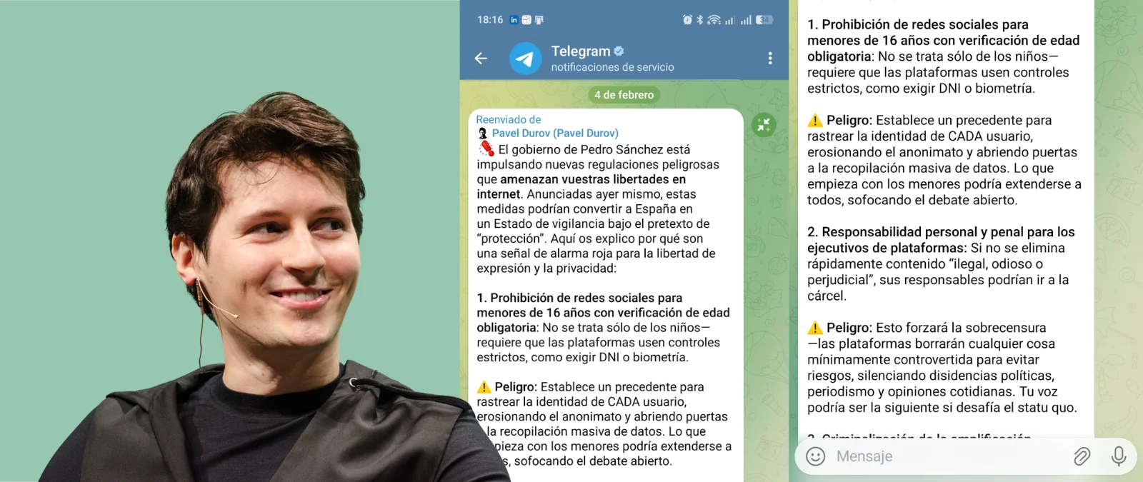 El mensaje que el dueño de Telegram envió a los usuarios en España es real: opina y alerta de medidas que a 5 de febrero, el Gobierno no ha explicado públicamente cómo ejecutará