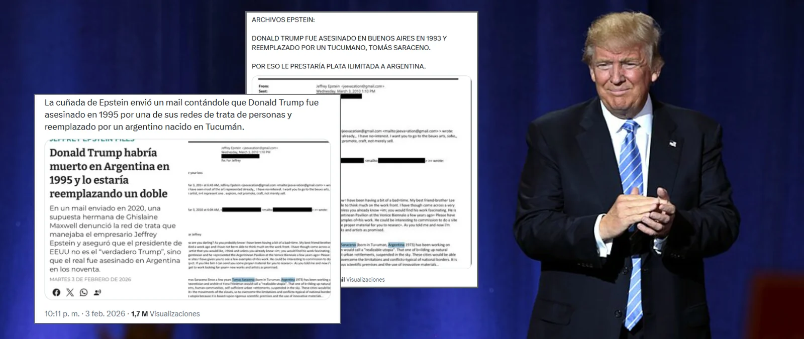 “Trump fue asesinado en 1995 por una red de trata de personas”: la teoría sin pruebas que aparece en los archivos Epstein que asegura que el presidente de los Estados Unidos es en realidad un argentino