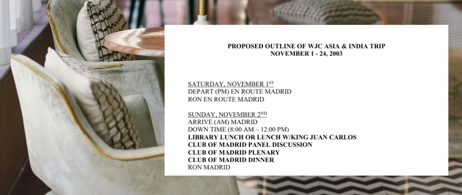 El plan de viaje con escala en Madrid y una posible comida con el emérito en 2003: no menciona a Epstein, pero aparecen las iniciales ‘WJC’ y no sabemos si se produjo