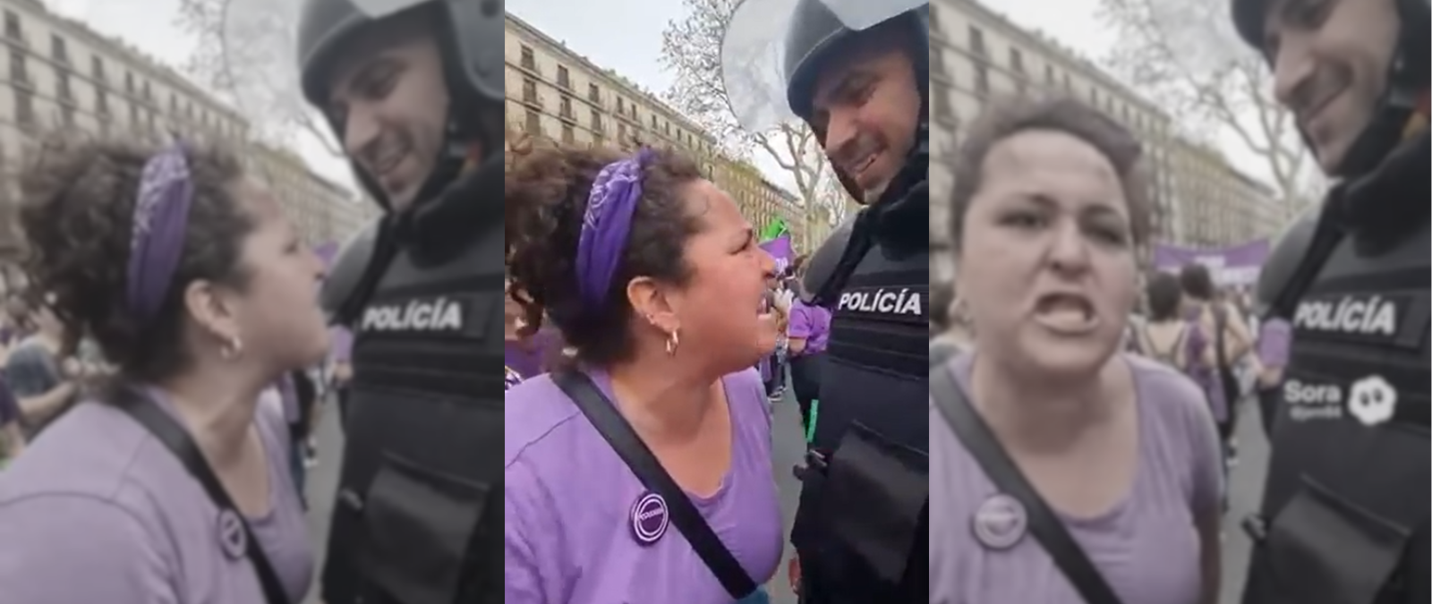 No, este vídeo de una supuesta militante de Podemos encarándose con la policía en una manifestación feminista no es real, fue generado con IA