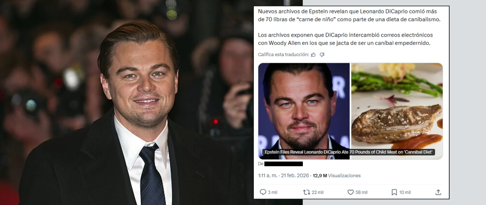No, Leonardo DiCaprio no aparece mencionado en los archivos Epstein por comer “carne infantil”
