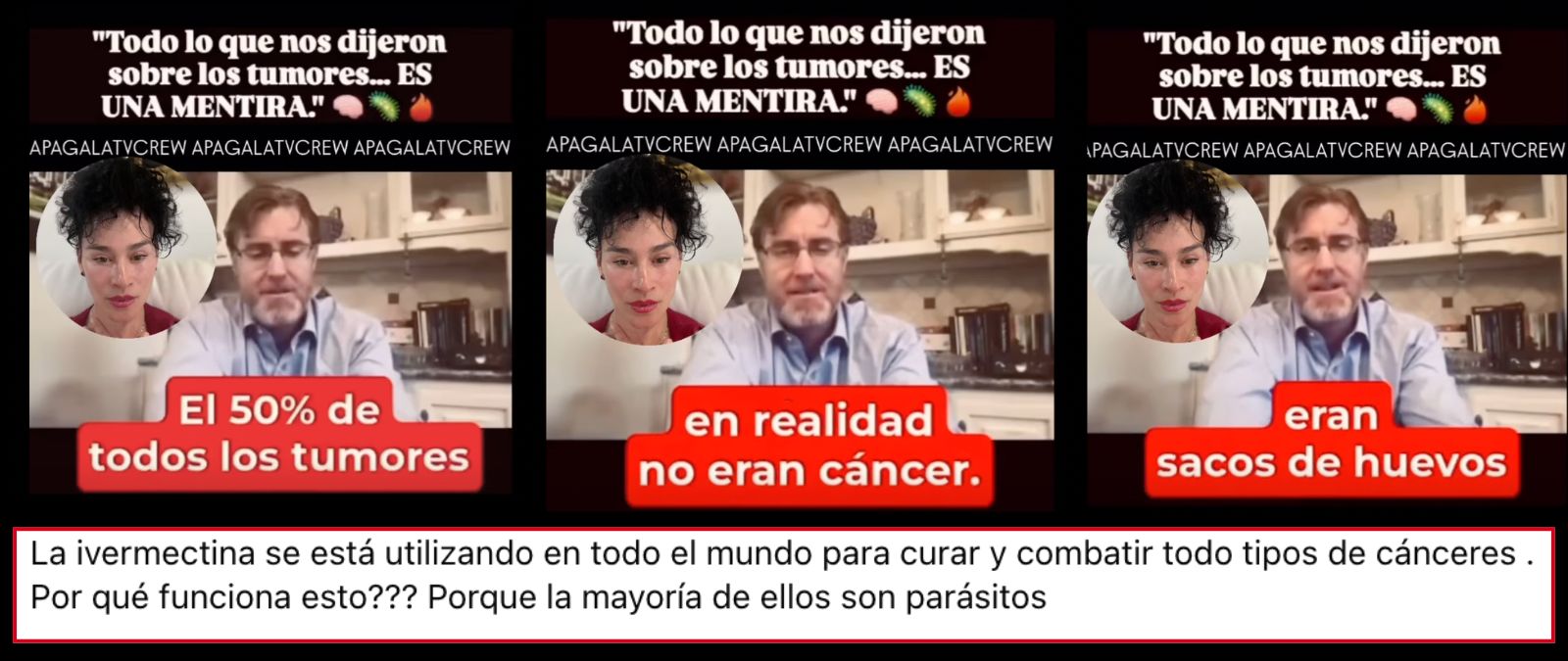Cuidado con los contenidos que afirman que los cánceres son "parásitos" o "sacos de huevos": el cáncer es el resultado de la multiplicación descontrolada de algunas células y no hay evidencias de que la ivermectina sea eficaz para tratarlo