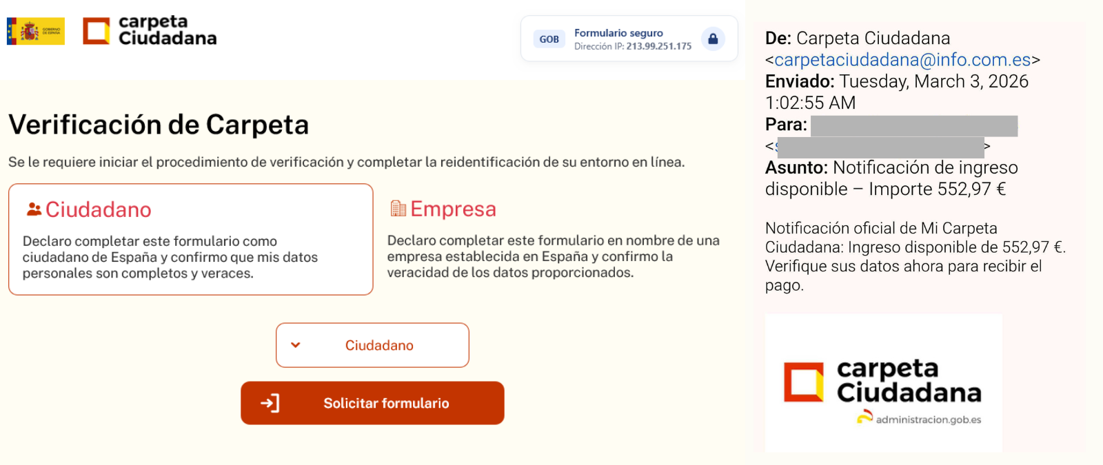 Cuidado si recibes un correo supuestamente de Mi Carpeta Ciudadana sobre una notificación de ingreso: es un timo