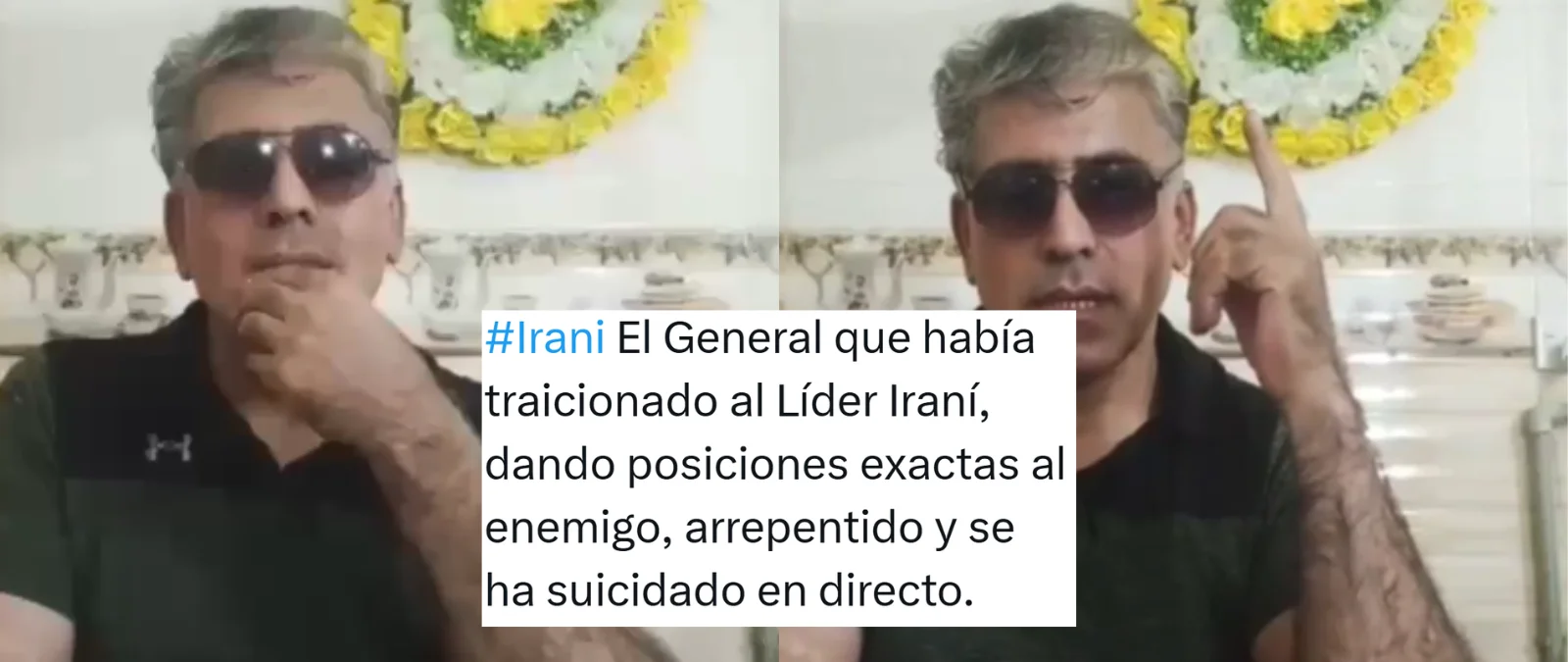 Este vídeo no muestra a un general iraní suicidándose en directo por traicionar a su país por dar posiciones exactas al enemigo durante los ataques de EEUU e Israel contra Irán