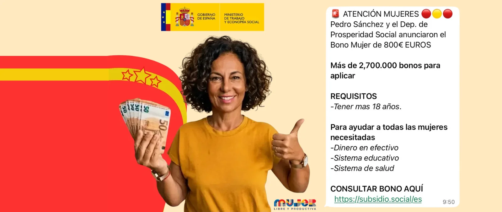 Cuidado con este mensaje que anuncia un supuesto "Bono Mujer" de 800 euros: es un timo para hacerse con tus datos personales