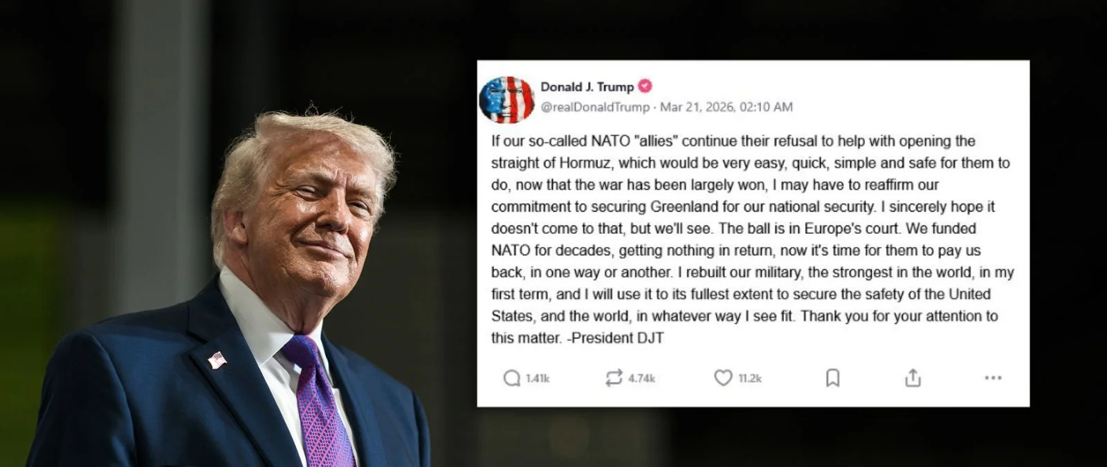 No, esta publicación de Donald Trump en Truth Social diciendo que anexionará Groenlandia si los miembros de la OTAN "persisten en su negativa a ayudar a abrir el estrecho de Ormuz" no es real