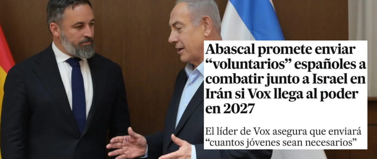 Esta captura de una publicación que dice que Abascal "promete enviar 'voluntarios' españoles a combatir con Israel" si gana en 2027 es falsa: imita a El País y no hay rastro de esas declaraciones