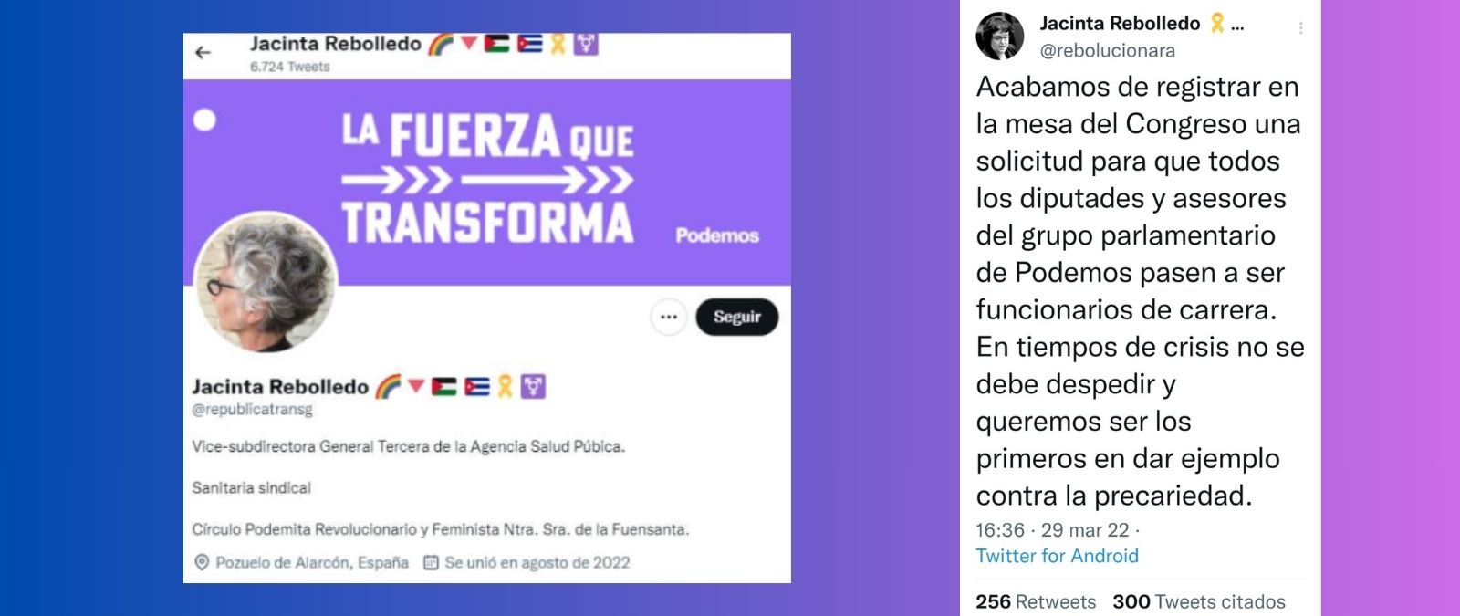 El perfil de Jacinta Rebolledo que afirma que "han registrado en el Congreso una solicitud para que los asesores de Podemos pasen a ser funcionarios de carrera" es una cuenta troll