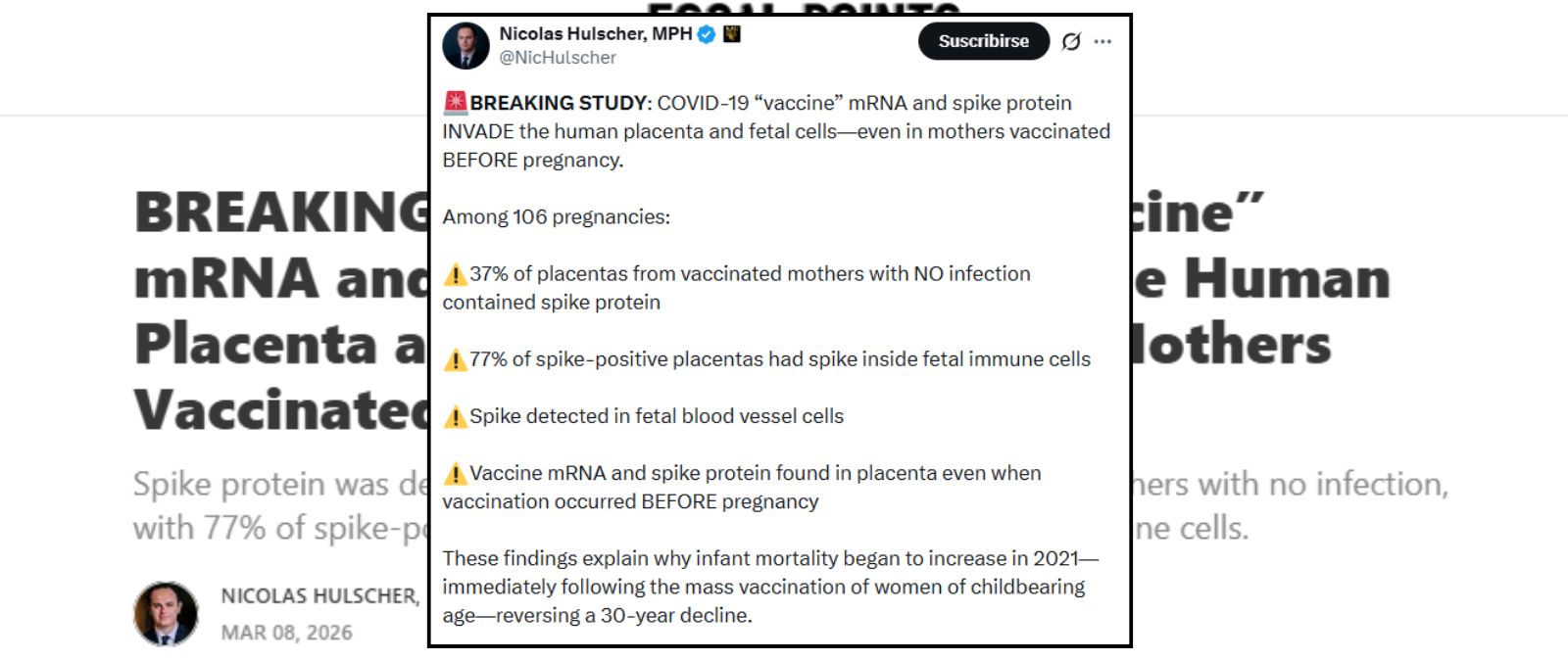 Cuidado con los contenidos que relacionan la presencia en la placenta de la proteína de la espiga tras la vacunación contra la COVID-19 con el aumento de la mortalidad infantil desde 2021: el estudio al que hacen referencia no concluye nada similar