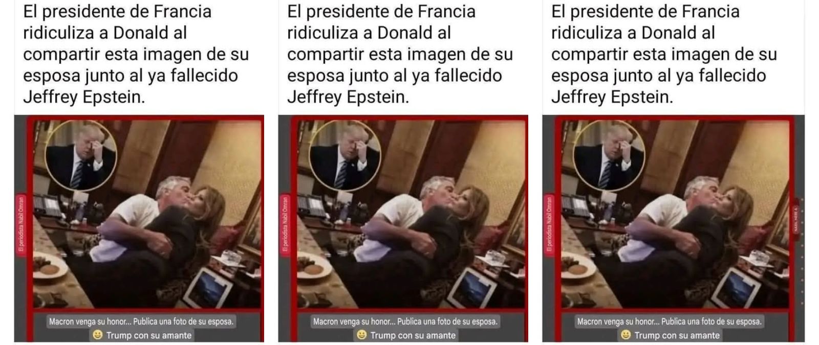 No hay rastro de que Emmanuel Macron haya compartido una imagen de Jeffrey Epstein intentando besar a Melania Trump