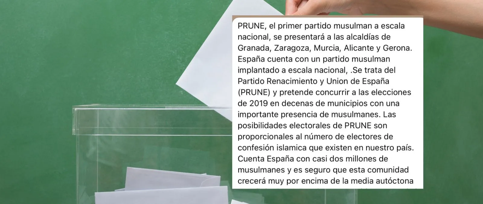 No, el partido musulmán PRUNE ni se ha presentado en "decenas de municipios" ni ha obtenido dos millones de votos en las municipales de 2019: sólo ha conseguido 179