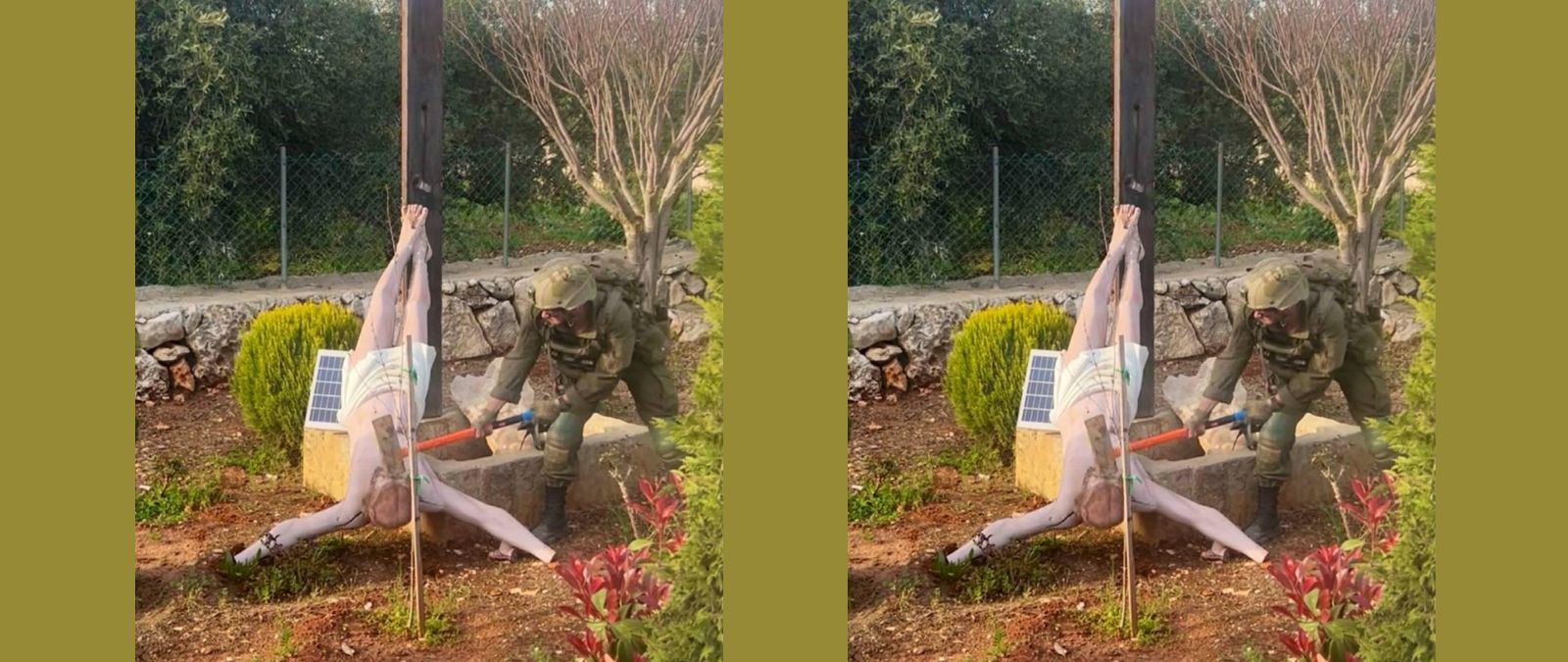Sí, esta imagen muestra a un soldado de las Fuerzas de Defensa de Israel destruyendo una estatua de Jesús en el sur de Líbano