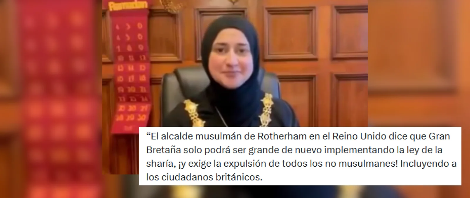 Cuidado con los contenidos que afirman que la alcaldesa de Rotherham, en Reino Unido, ha dicho que hay que expulsar a los "no musulmanes" de Gran Bretaña para que vuelva a ser "grande"