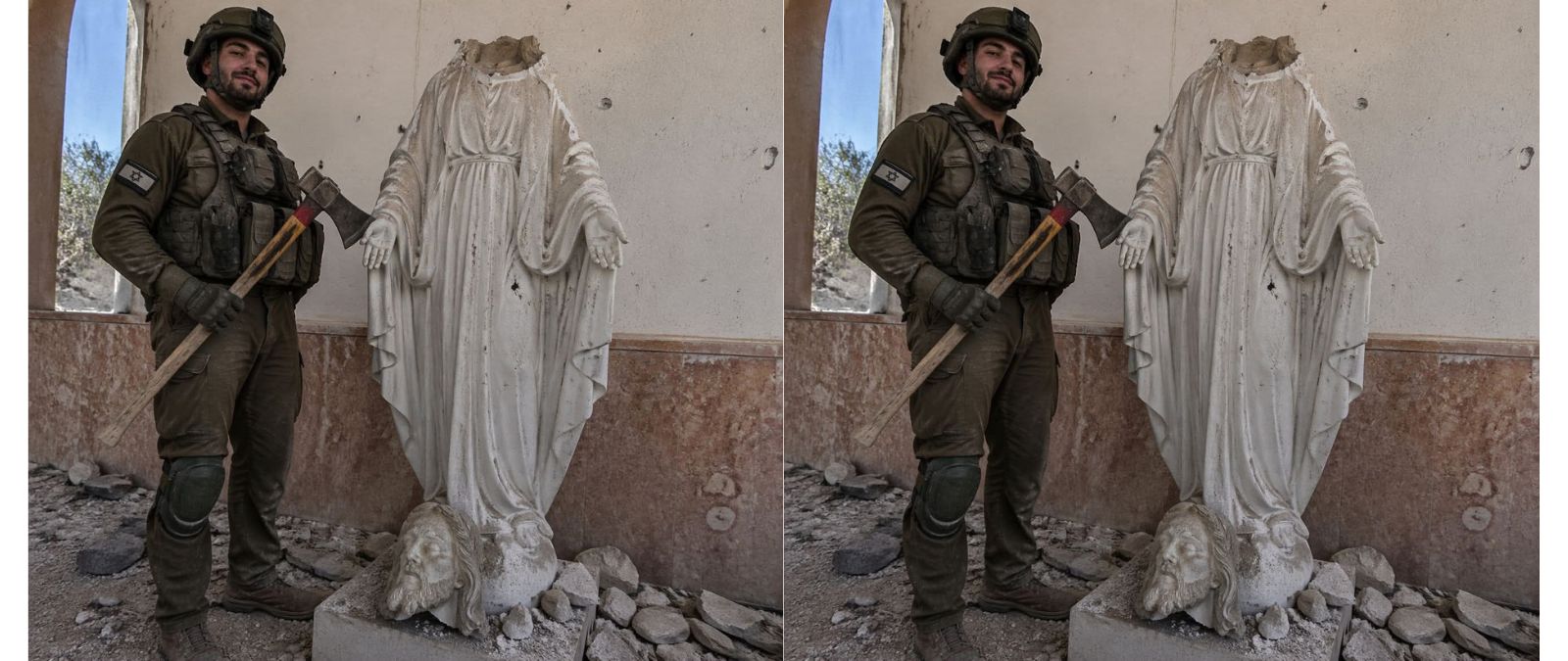 Cuidado con esta imagen que supuestamente muestra a un soldado israelí junto a una estatua religiosa decapitada en el sur del Líbano: no hay rastro de que sea real y tiene indicios de haber sido creada con IA
