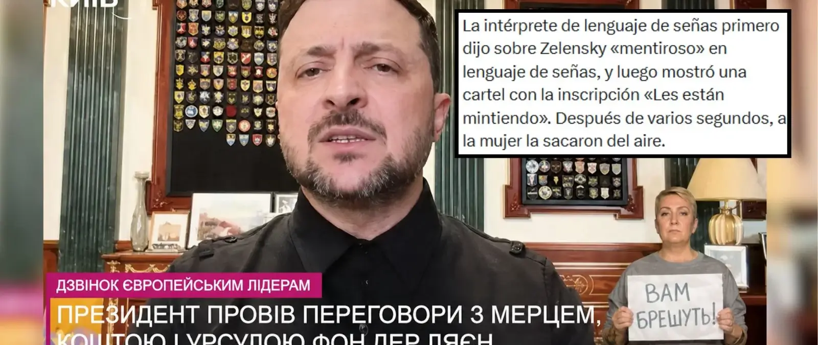 Qué sabemos de si una intérprete de signos ha llamado "mentiroso" a Zelenski durante una intervención suya y enseñado un cartel en el que se lee "os están mintiendo": no hay rastro y la cadena lo niega