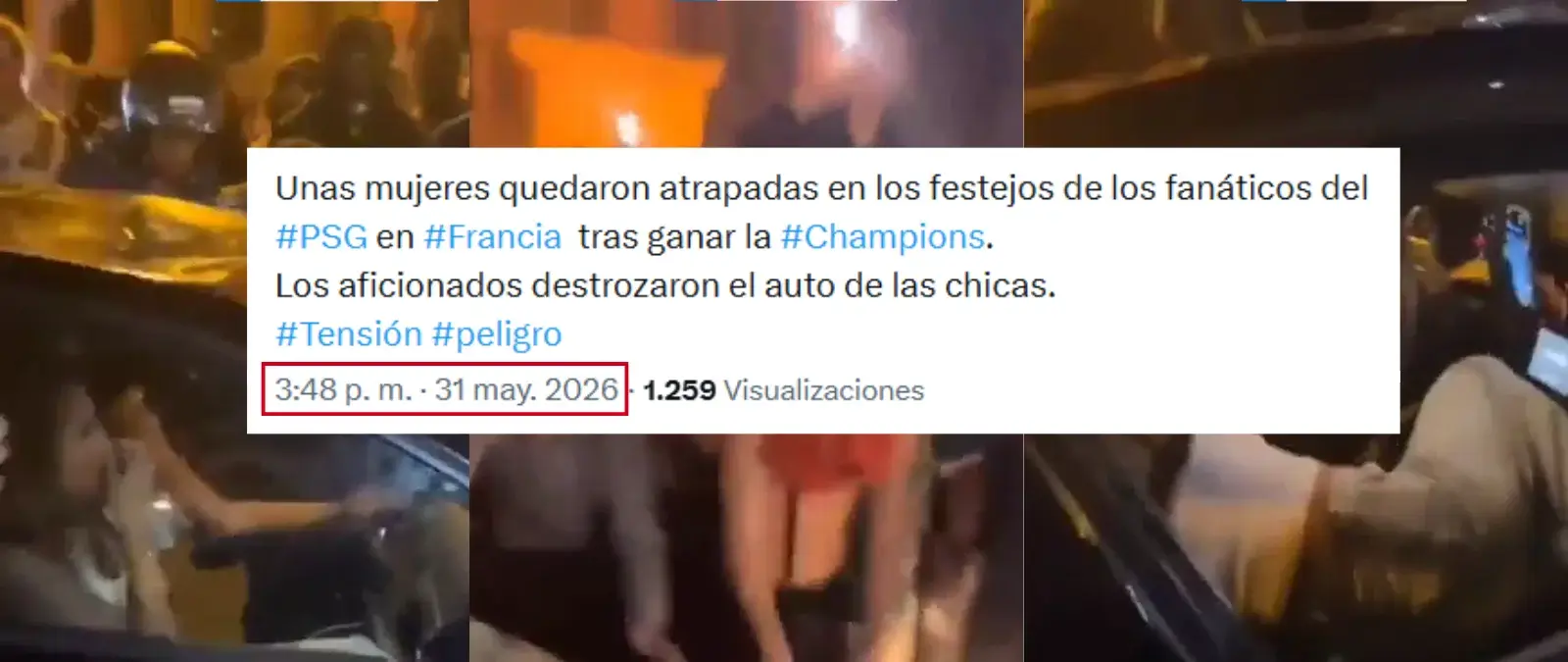 Cuidado con este vídeo de supuestos aficionados del PSG destrozando un coche con dos mujeres dentro que se presenta como si fuera actual: las imágenes son reales pero de la final de la Champions de 2025