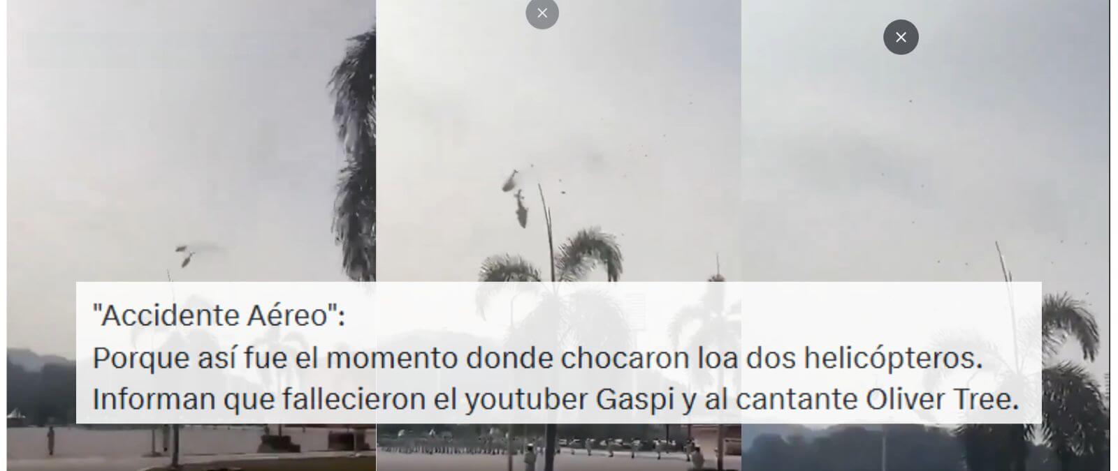No, este vídeo no muestra el momento en que chocaron dos helicópteros donde iba el youtuber Gaspi y el cantante Oliver Tree: el vídeo es de 2024 y es del choque de dos helicópteros militares malasios