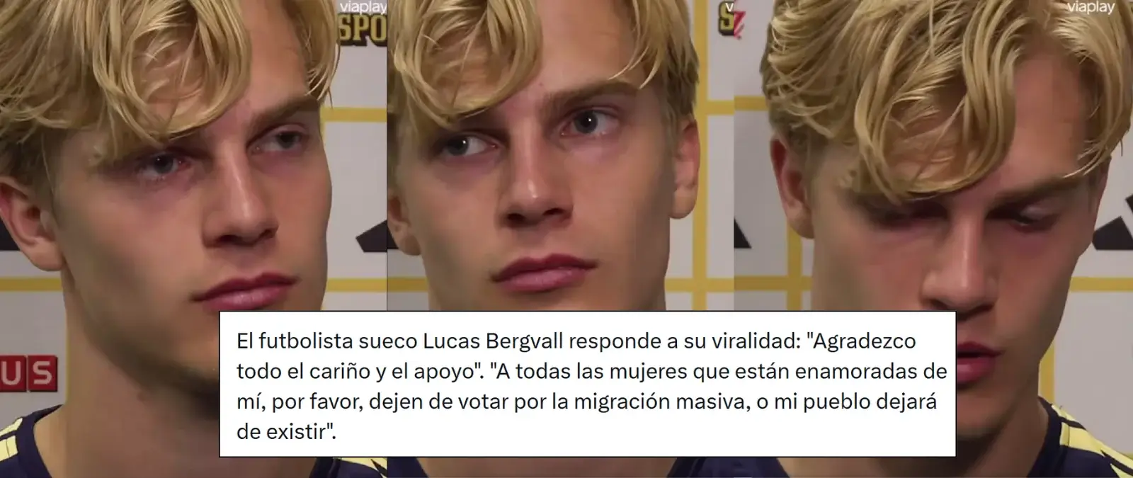 No, el futbolista sueco Lucas Bergvall no pide en este vídeo "a todas las mujeres" que están "enamoradas" de él que "dejen de votar por la migración masiva"
