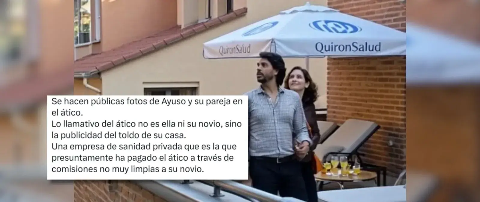 No, esta imagen no muestra a Ayuso y su novio en el ático de su casa con un toldo de QuirónSalud de fondo: está editada