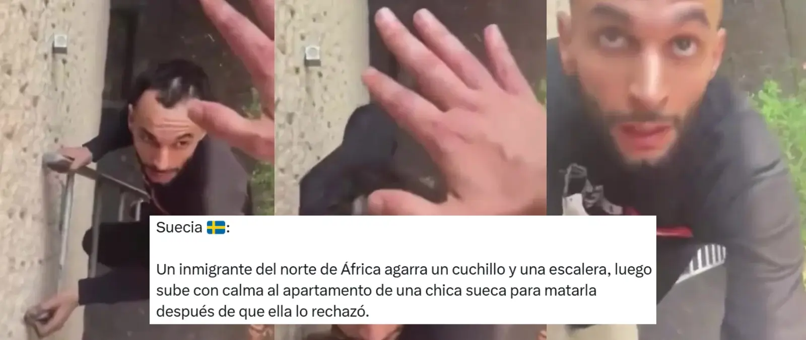 Este vídeo de un hombre armado con un cuchillo entrando en casa de una mujer en Suecia es real: se grabó en 2023 y fue condenado a dos años de prisión y a 10 de expulsión del país El vídeo de un hombre argelino subiendo por una escalera al piso de una chica en Suecia es real y se grabó en mayo de 2023. Según la sentencia que el Tribunal del Distrito de Kalmar, donde ocurrieron los hechos, ha facilitado a Maldita.es, el hombre fue condenado a dos años de prisión y a diez de expulsión de Suecia después de irrumpir en la vivienda a través del balcón, agredir con un cuchillo y amenazar a la chica y al dueño de la casa, a los que ya conocía. Los hechos ocurrieron después de que la joven, con la que había mantenido relaciones sexuales en diversas ocasiones, le dijese que no quería tener una relación con él, según relata la sentencia. 