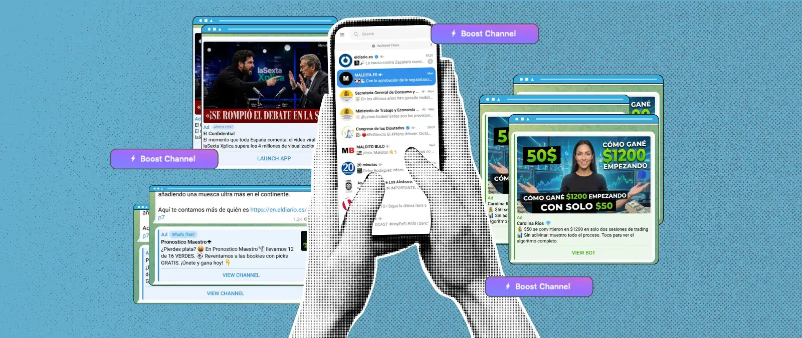 Telegram publicita chiringuitos financieros y casas de apuestas no autorizadas en los canales de medios de comunicación e instituciones públicas de España