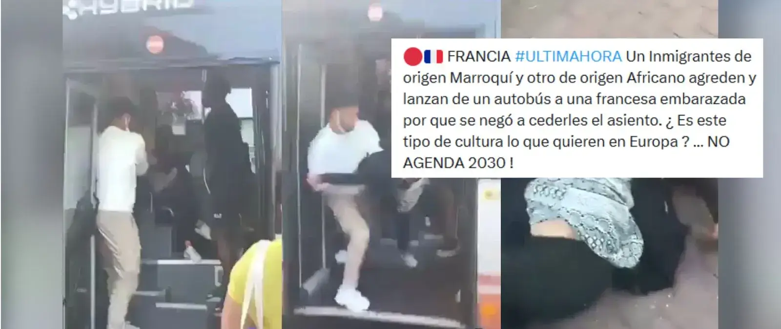 No, este vídeo no muestra a dos hombres inmigrantes empujando fuera de un autobús a una mujer embarazada en Francia por no querer cederles el asiento